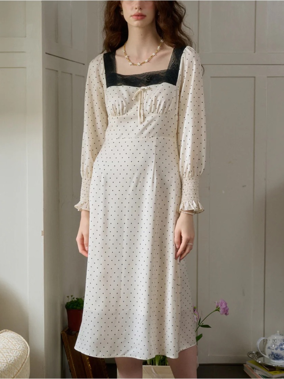Simple Retro Mazie Long Sleeve Polka Dot Square Neck Midi Dress Lace Trim Cream
